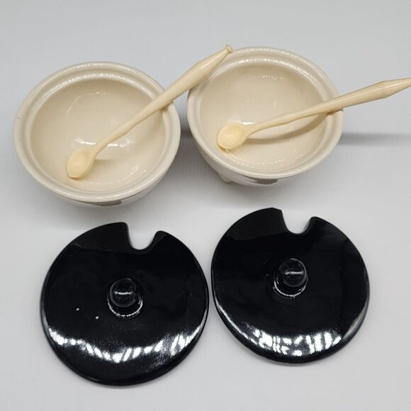 Vintage MCM Shawnee Condiment Bowls With Lids and Spoons Black & Ivory Color - Picture 3 of 10